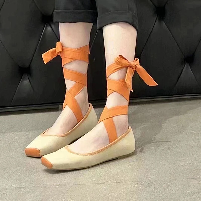 Classic Square Toe Lace Up Ballet Flats Women Fashion Leg Tie Strap Loafers Ladies Casual Ballerina Shoes