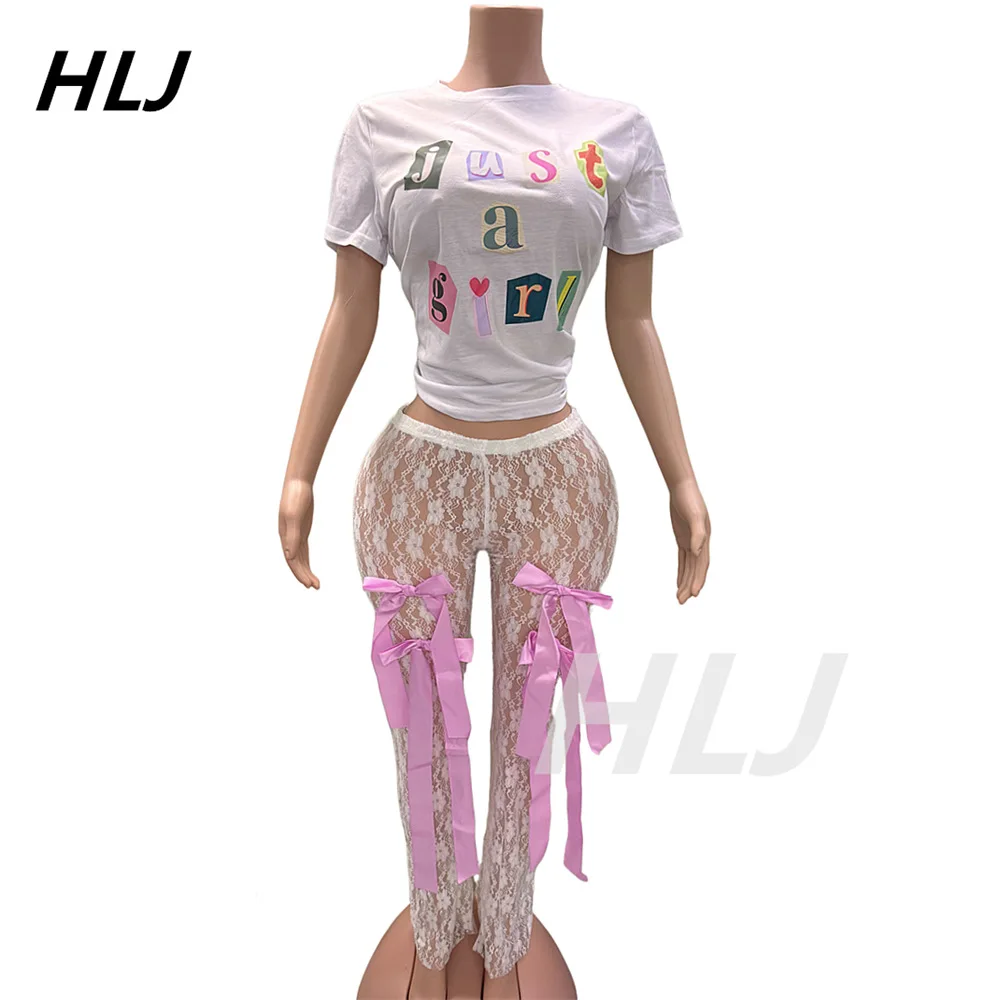 HLJ Fashion Y2K Streetwear Women Letter Print O Neck Slim Crop Top And Mesh Sheer Bow Skinny Pants Two Piece Sets Outfits 2024