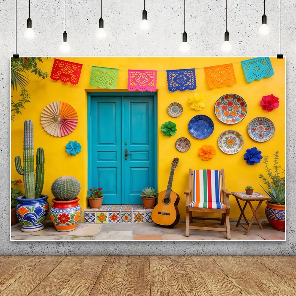 Mexico Fiesta Photography Background Cactus Straw Hat Guitar Courtyard Flower Wall Kid Adult Birthday Party Decor Photo Backdrop
