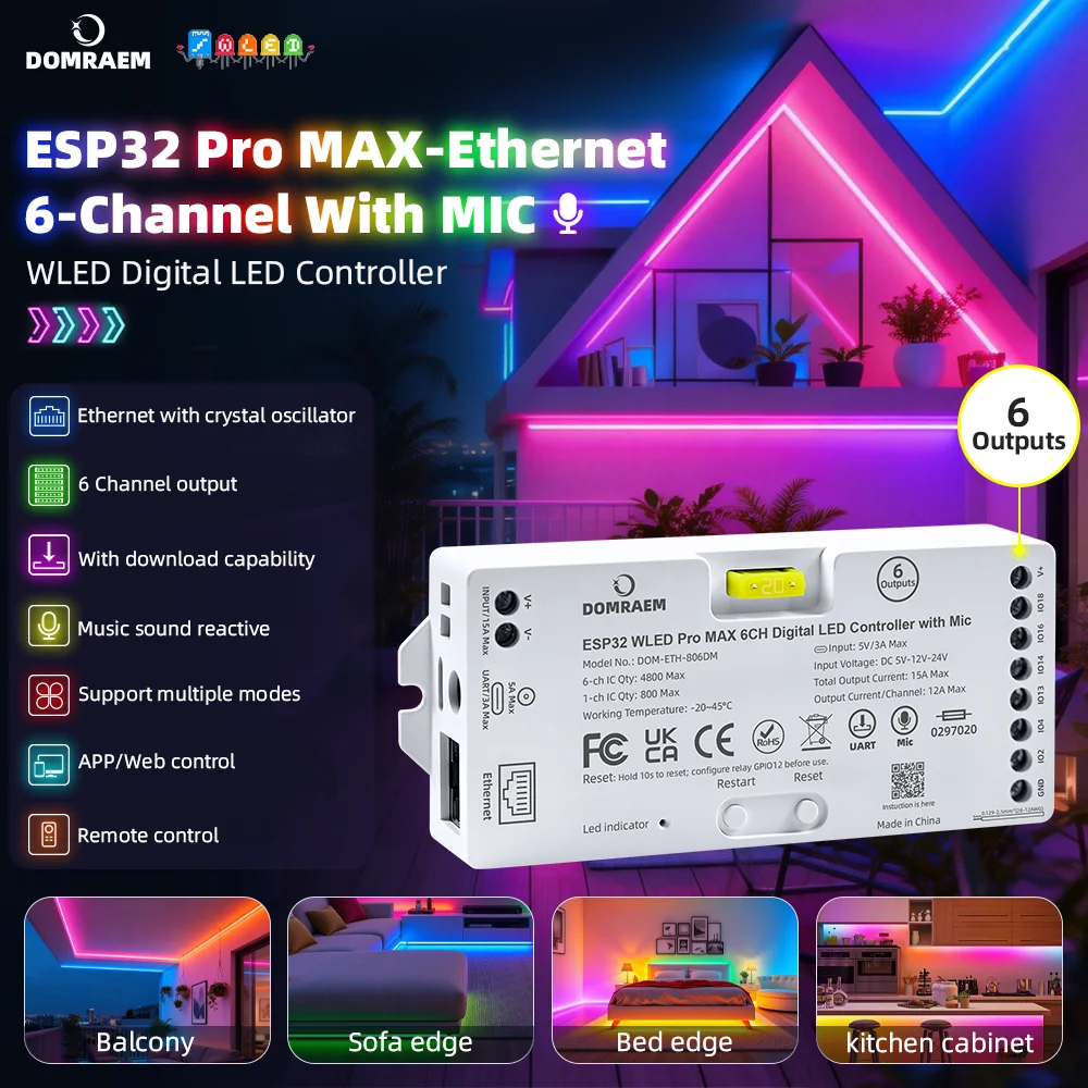 DOMRAEM ESP32 6 Outputs Digital WLED Controller Pro & Pro MAX WiFi Ethernet UART Sound Reactive Light WS281X SK6812 Smart Voice