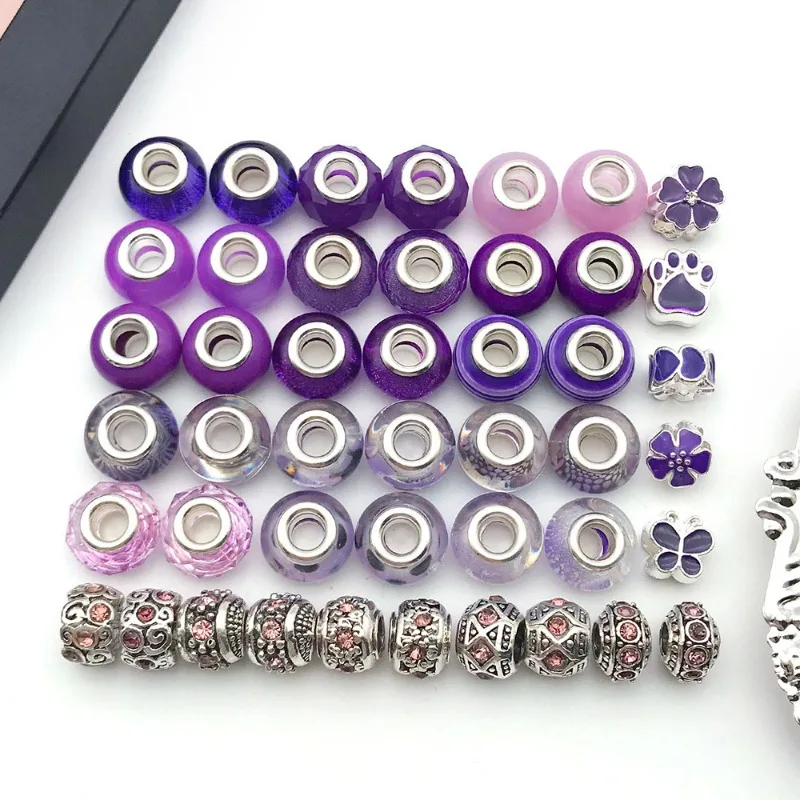 Pulseira De Liga De Resina Roxa Conjunto De Jóias Para Meninas, DIY Bead, Perfuração Colorida, Ponto De Óleo, Grande Buraco, Gotejamento, Diamante, Feito À Mão, Doce Estilo