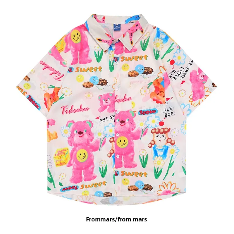 

Футболка Pink Bear в японском мультяшном стиле, модный бренд, летняя, свободного кроя, с цветами и солнечным светом