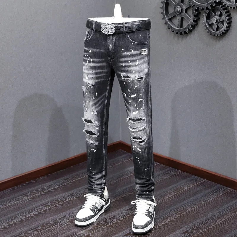 

Street Fashion Men Jeans Retro Black Gray Stretch Slim Fit Ripped Jeans Men High Quality Painted Designer Hip Hop Brand Pants