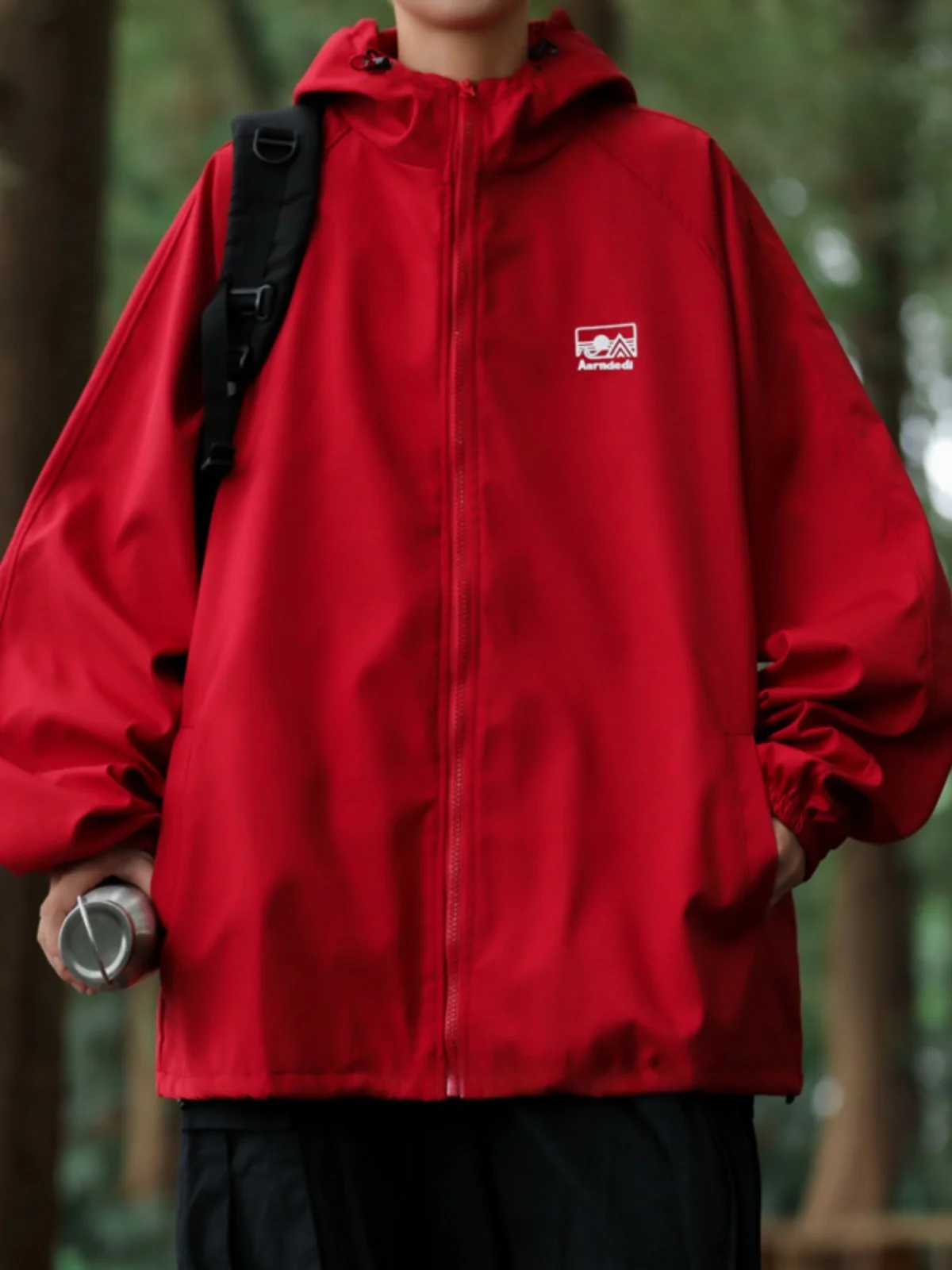 

American High Street Red Men's Hooded Jacket Spring Autumn Casual Outdoor Climbing Loose Leisure Coat Youth Popular Style