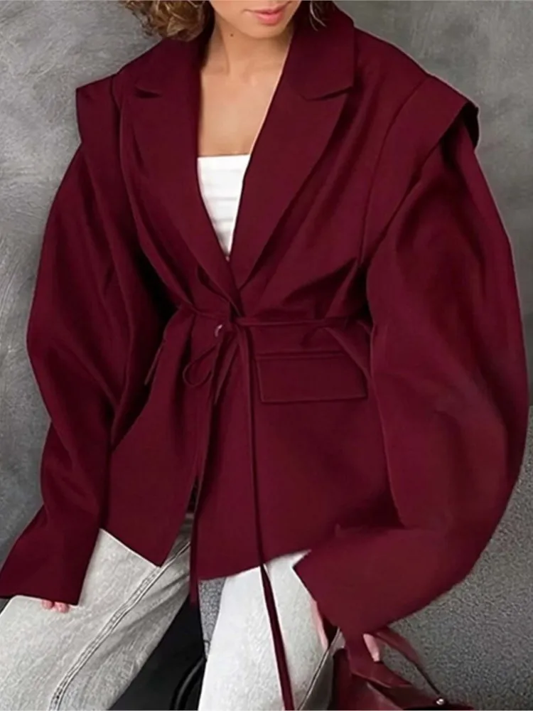 Spring And Autumn Temperament Commuting Versatile Top New Women's Fashion High-end Waist Tie Lapel Shoulder Pad Suit Jacket