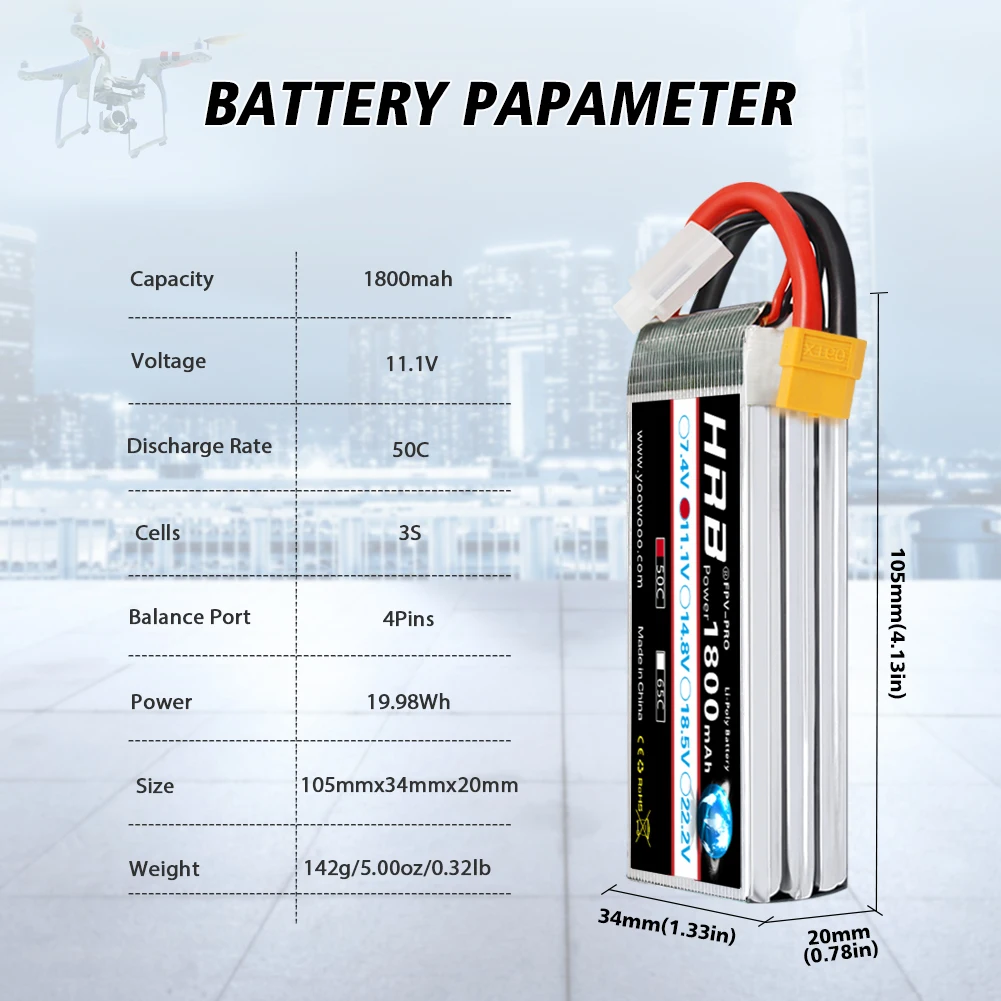 HRB 11.1V 1800mAh 3S 50C LiPo Battery with XT60 Plug for Skylark M4-FPV250 Mini Shredder 200 INDY250 PLUS MOJO 280 QAV250 FPV