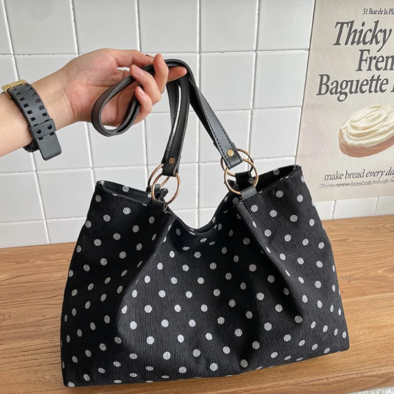 Canvas-Umhängetasche mit Polka-Dot-Print, Damen-Shopper mit großer Kapazität, koreanische Nischen-Handtasche mit vielseitiger Magnetschnalle – Detail 20