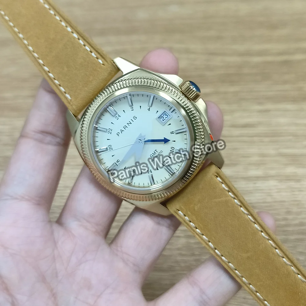 Parnis 41mm Sapphire Crystal Beige Dial Gold Case NH35 NH34 Automatic Mechanical Men Watch Waterproof Wristwatch