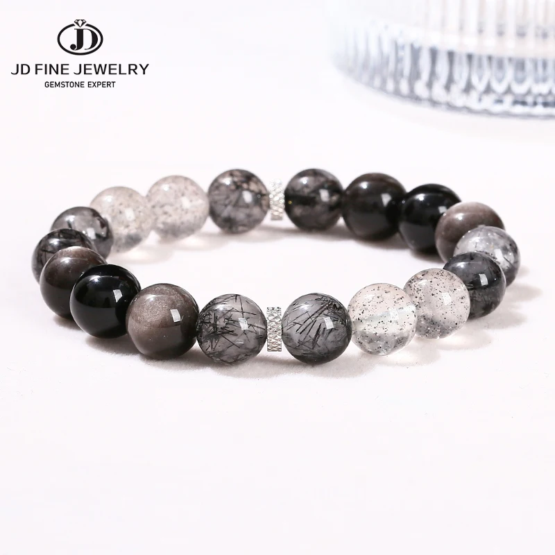 JD Quality Natural Silver Color Obsidian Black Rutilated Quartz Stainless Steel Bracelet Women Men Healing Crystal Elastic Gift