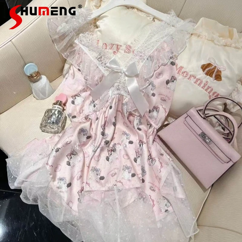 

Pure Desire Style Sexy Strap Nightdress for Women Original Ice Silk Pajamas with Bowknot Female Japanese Sweet Nightgowns