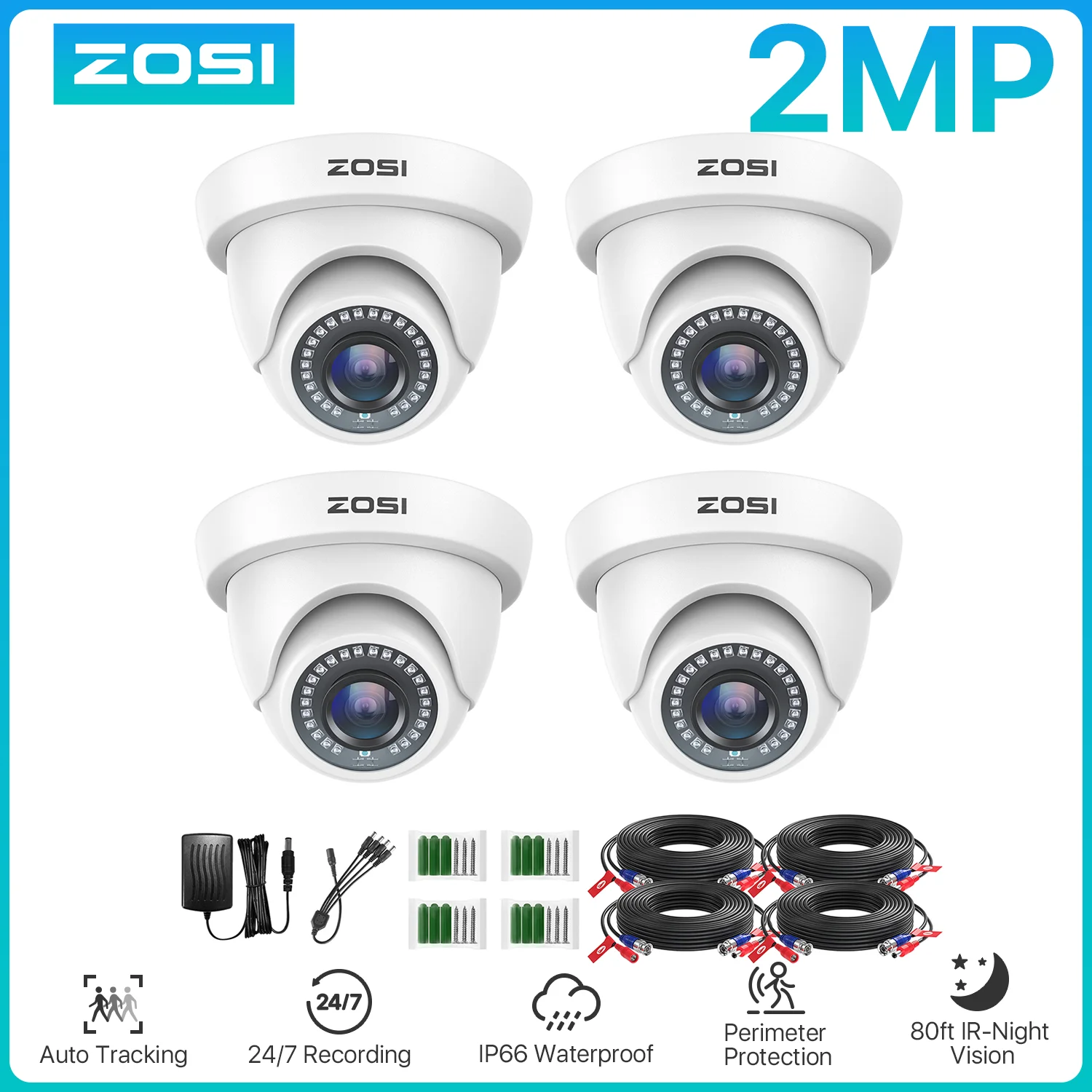 ZOSI 4 Pack 2.0MP HD 1080P Security Cameras Kit TVI/CVI/AHD Indoor Outdoor 80ft Day Night Vision CCTV Dome Home Surveillance Cam