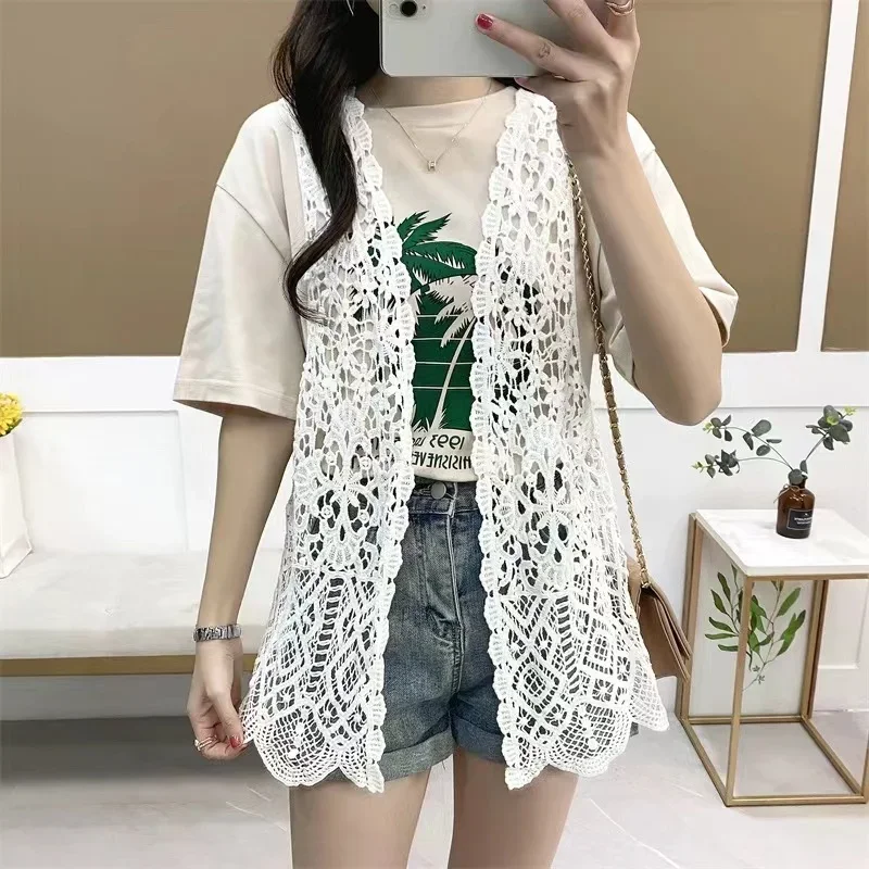 

Summer Beige White Crochet Lace Vests For Women Holiday Beach Hollow Out Cover-Up Korean Style Sleeveless Cotton Cardigan ZT181