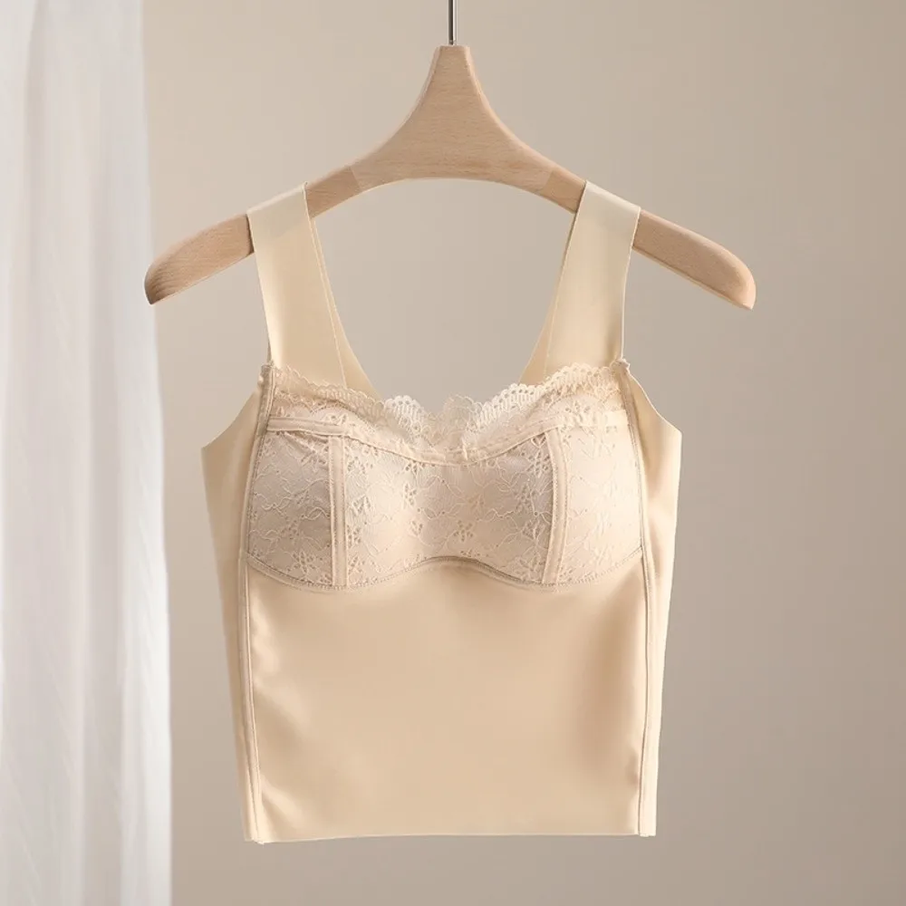 

With Chest Cushion Lace Ice Silk Camisole Solid Color Non Trace Crop Tops Streetwear Tanks Satin Ice Silk Corset Ladies