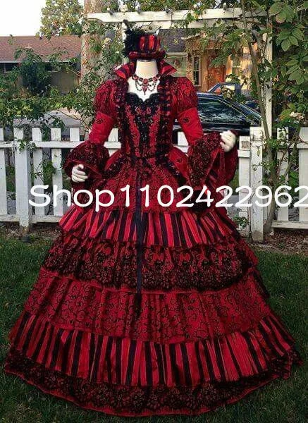 Dark Red Burgundy Black Gothic Victorian Prom Dresses Long Sleeve Ruffles Masquerade Lace-up Corset Evening Gown customsized