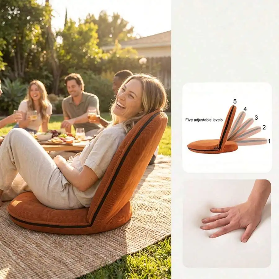 Foldable Outdoor Lazy Floor Chair, Ergonomic Back Support, Soft Thick Padding, Lightweight Portable, Breathable Material, Great For Camping, Picnic, Beach, Yard, Travel, Indoor Reading And Leisure Time