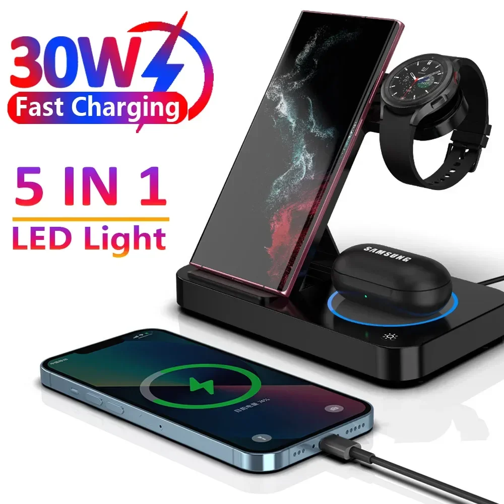 30W 4 In 1 Foldable Fast Wireless Charger Stand For Samsung S23 S22 S21 Galaxy Watch 6 5 4 Active 2 1 EarBuds 2 Charging Station