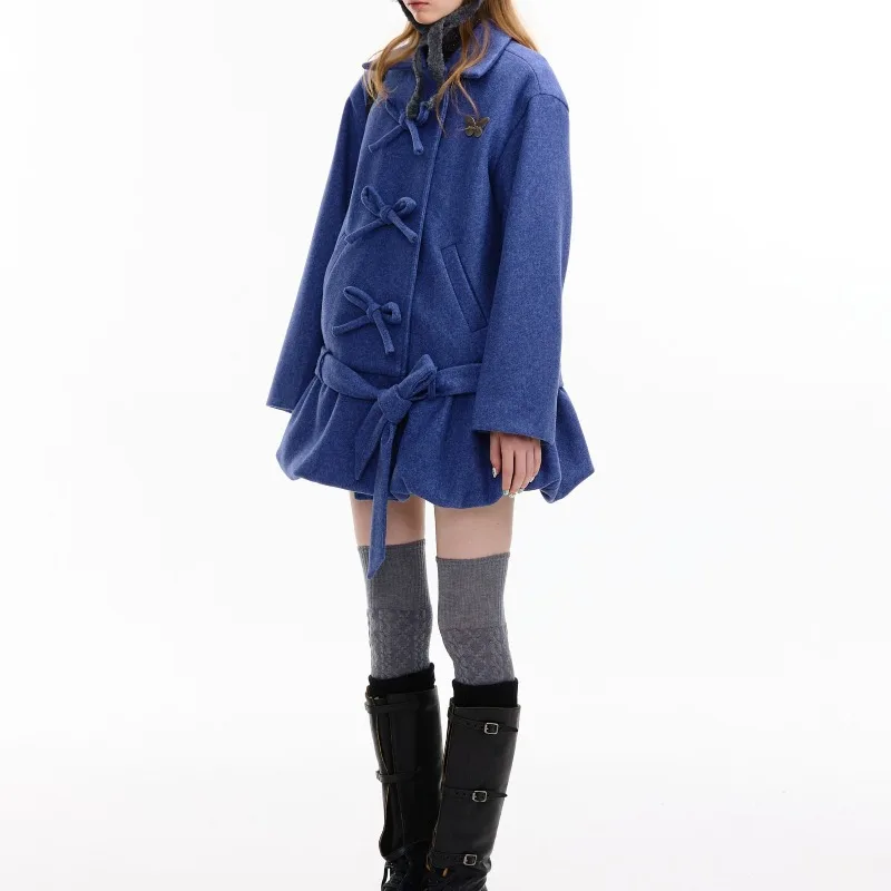 

Autumn and winter American retro design sense bow pockets hem medium and long woolen coat coat women