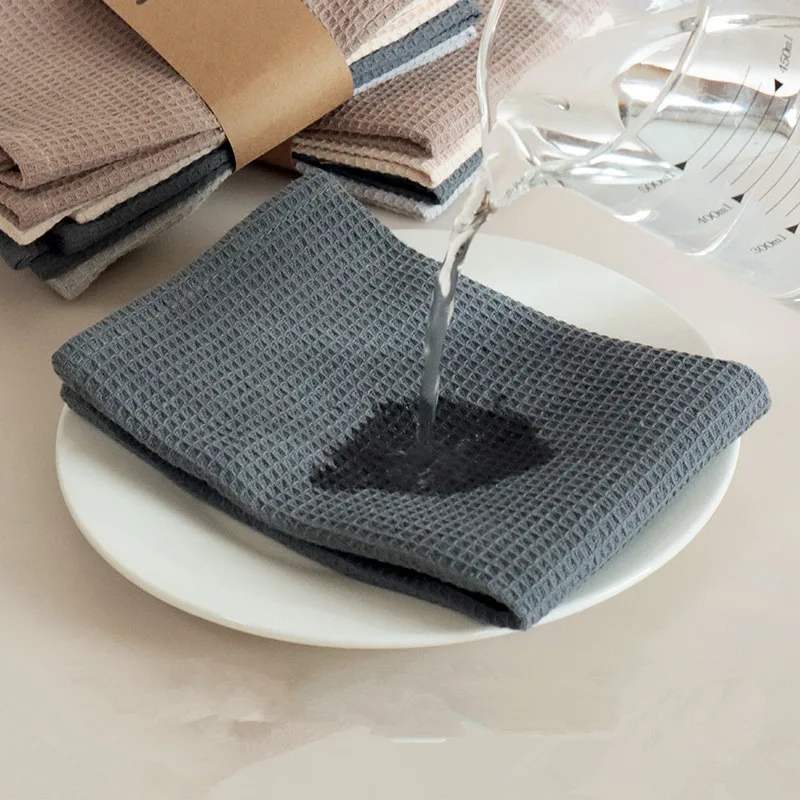 35x35cm Square Solid Color Waffle Dishcloth Kitchen Tear Towel Cotton Thickened Cleaning Cloth