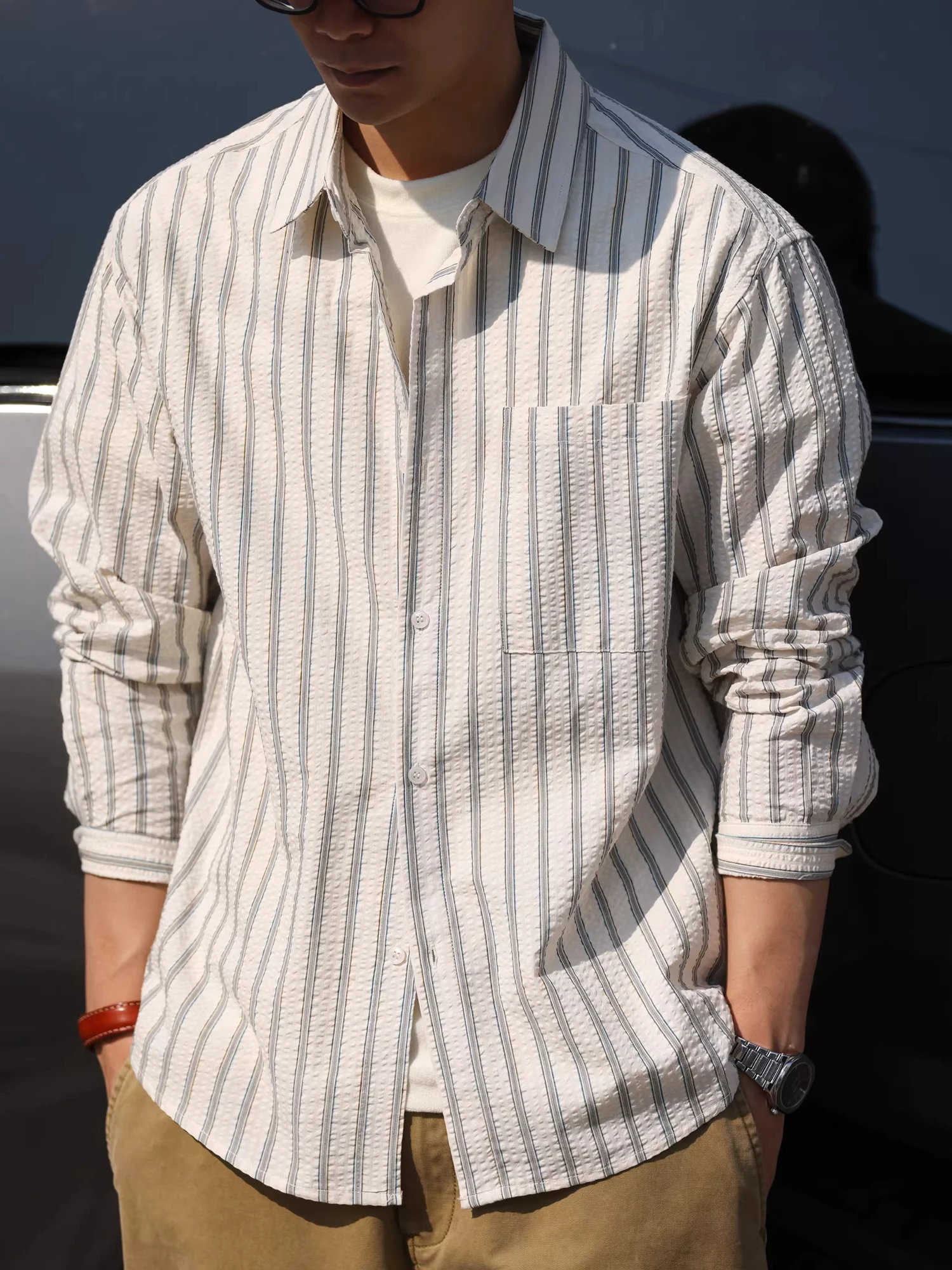 

Large Size American Retro Casual Long Sve Striped Bubble irt Men Spring Autumn New Pure Cotton Vintage irt Breathable