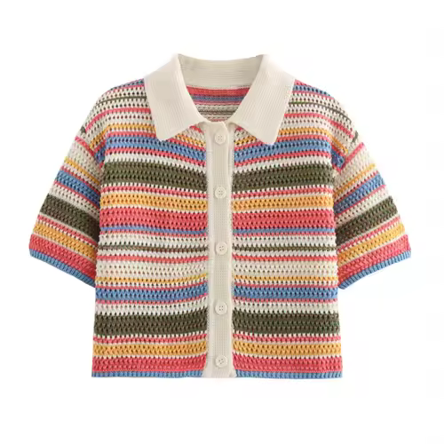 Women Patchwork Striped Hollow Out Crochet Knitted Crop Sweater Shorts Set Short Sleeve Polo Collar Sweater Knit Shorts Suit Y2K - Image 5