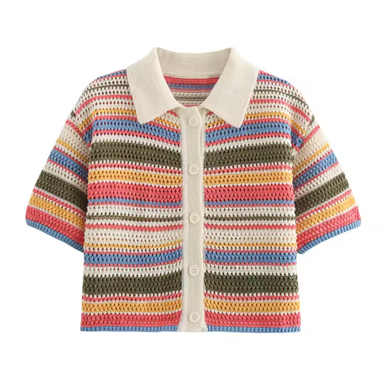 Women Patchwork Striped Hollow Out Crochet Knitted Crop Sweater Shorts Set Short Sleeve Polo Collar Sweater Knit Shorts Suit Y2K - Image 5
