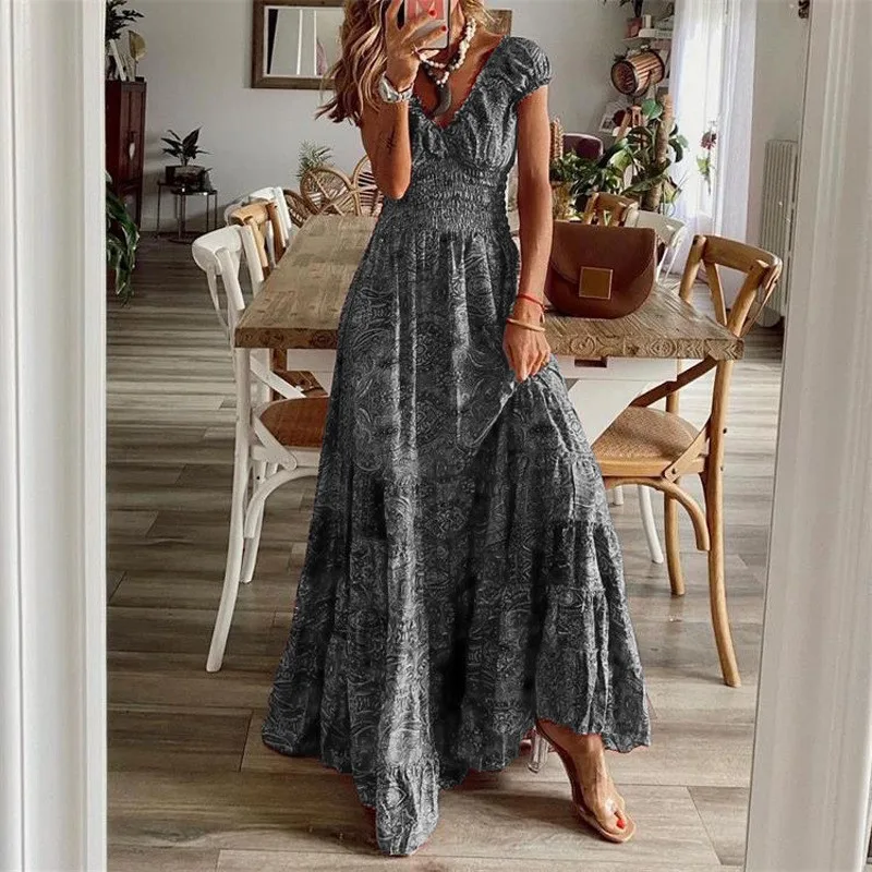 Boho Fashion Print Long Dresses For Women Summer Vintage V-neck Short Sleeve Elastic Waist A-line Big Swing Vacation Dress Robe
