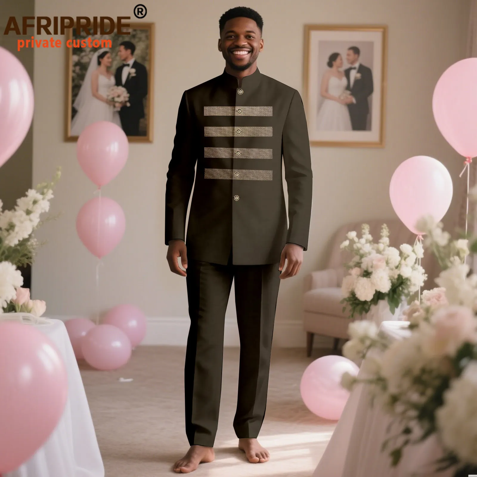 Bazin Riche African Clothes for Men Full Sleeve Striped Blazer and Ankara Pants 2 Piece Set Dashiki Outfits for Wedding 2516063