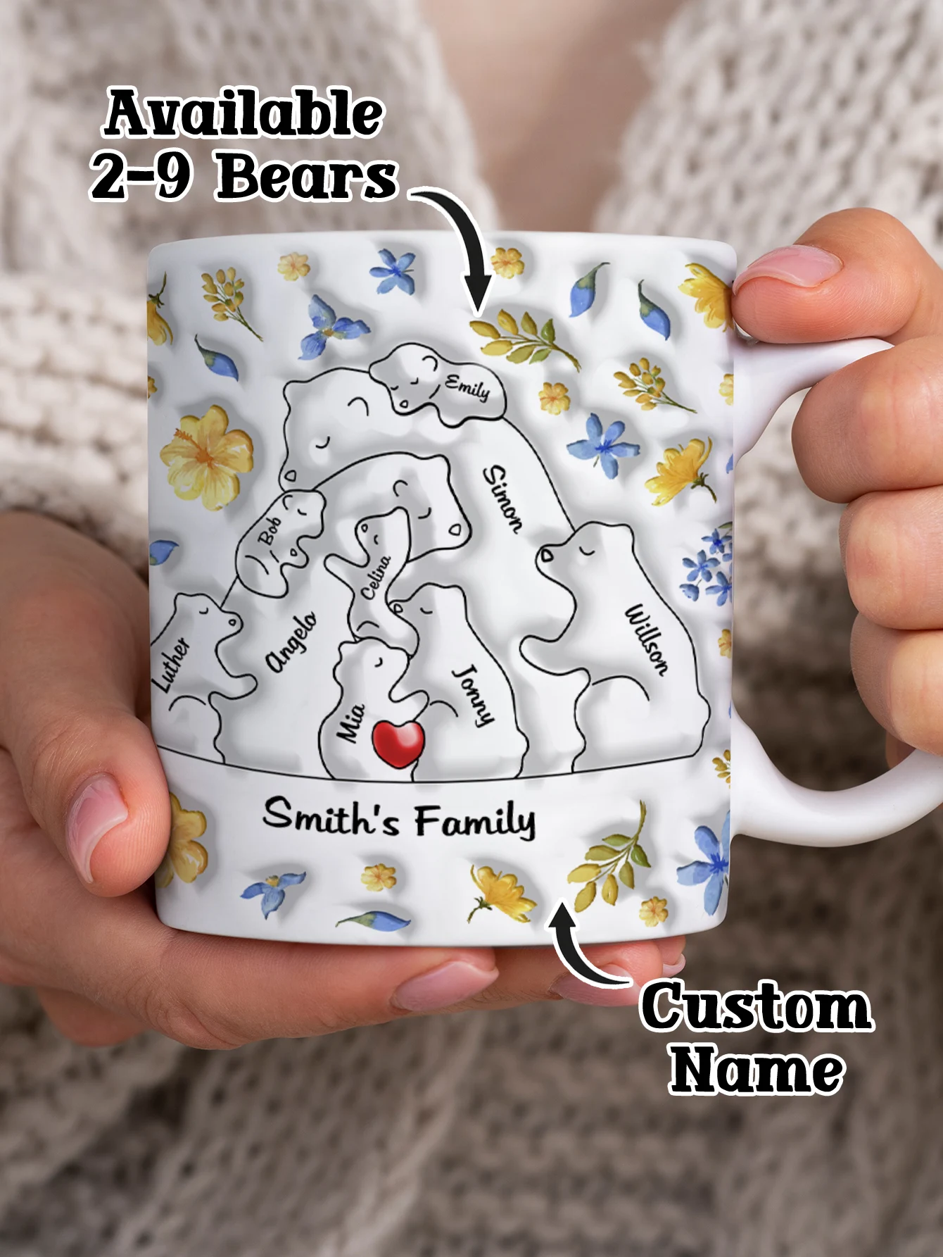 

Custom Name Hug Bears Style Mug, Custom 3D Inflated Effect Printed Coffee Mug, Best Mother's Day, Father's Day Gift