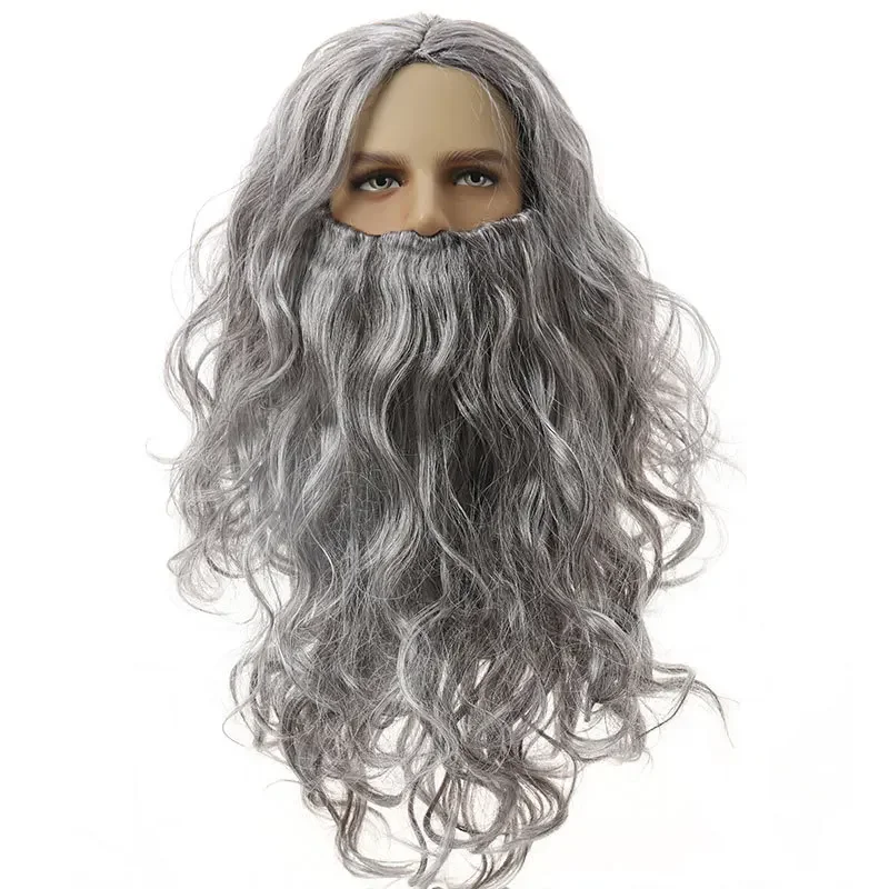 

1Pc Santa Claus Wig And Beard Set Long Curly Hair European American Style Jesus Christmas Costume Wig Beard Full Set