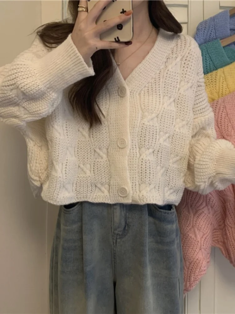 Y2k Aesthetic V Neck Soft Women Sweaters Grunge Twist Fashion 2023 Cropped Cardigan Solid All Match Long Sleeve Knitted Cardigan