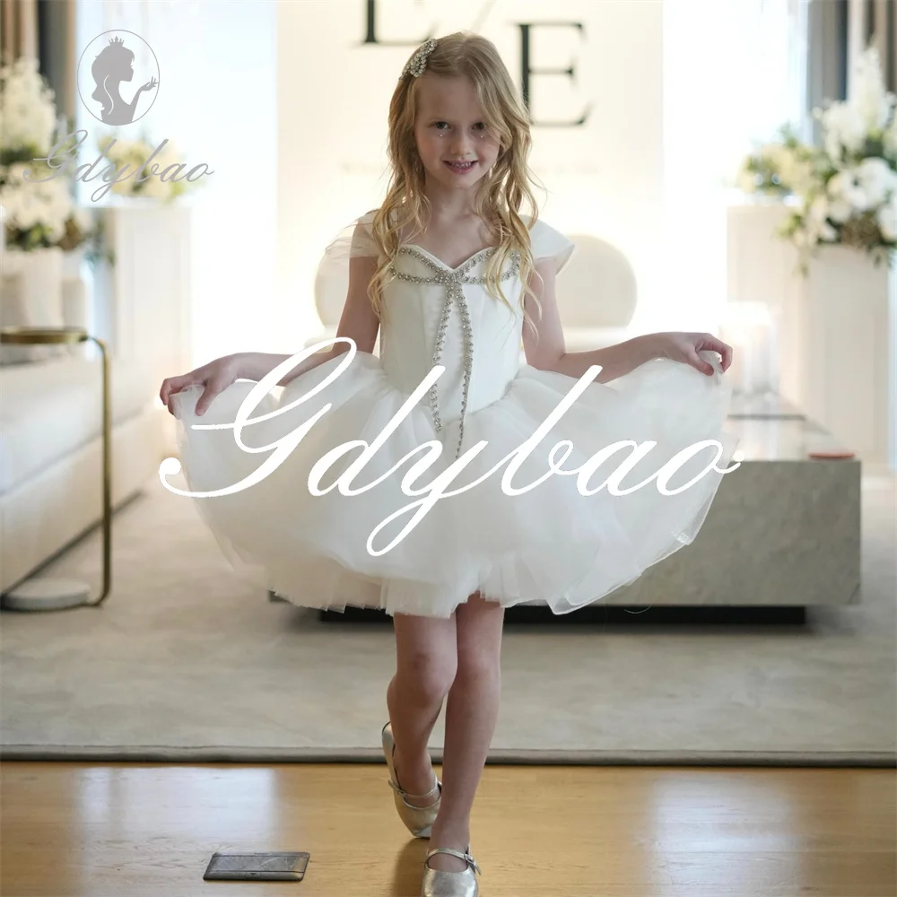 

Princess O Neck Crystals A Line Short Flower Girl Dress Knee Length Formal Elegant Simple First Communion Dress Customized 2025