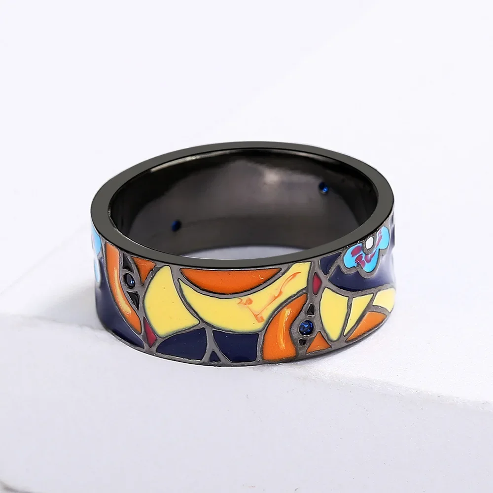 Women's Handmade Blue Spinel Bird Flower Enamel Ring