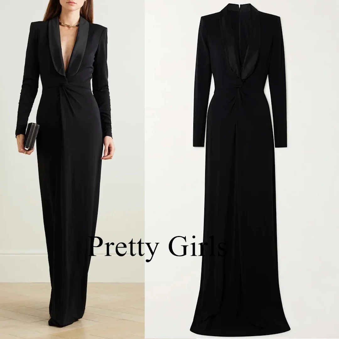 

Dubai Vintage V-Neck Satin Fitted Black Evening Dresses Fashion Long Sleeves Arab Party Prom Gowns Formal vestidos de fiesta