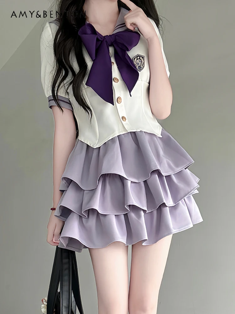 

Original JK Uniform Japanese Sailor Suit Preppy Style Sweet Cute Slim Short Sleeve Shirt Cake Skirt Purple Two-piece Set Women