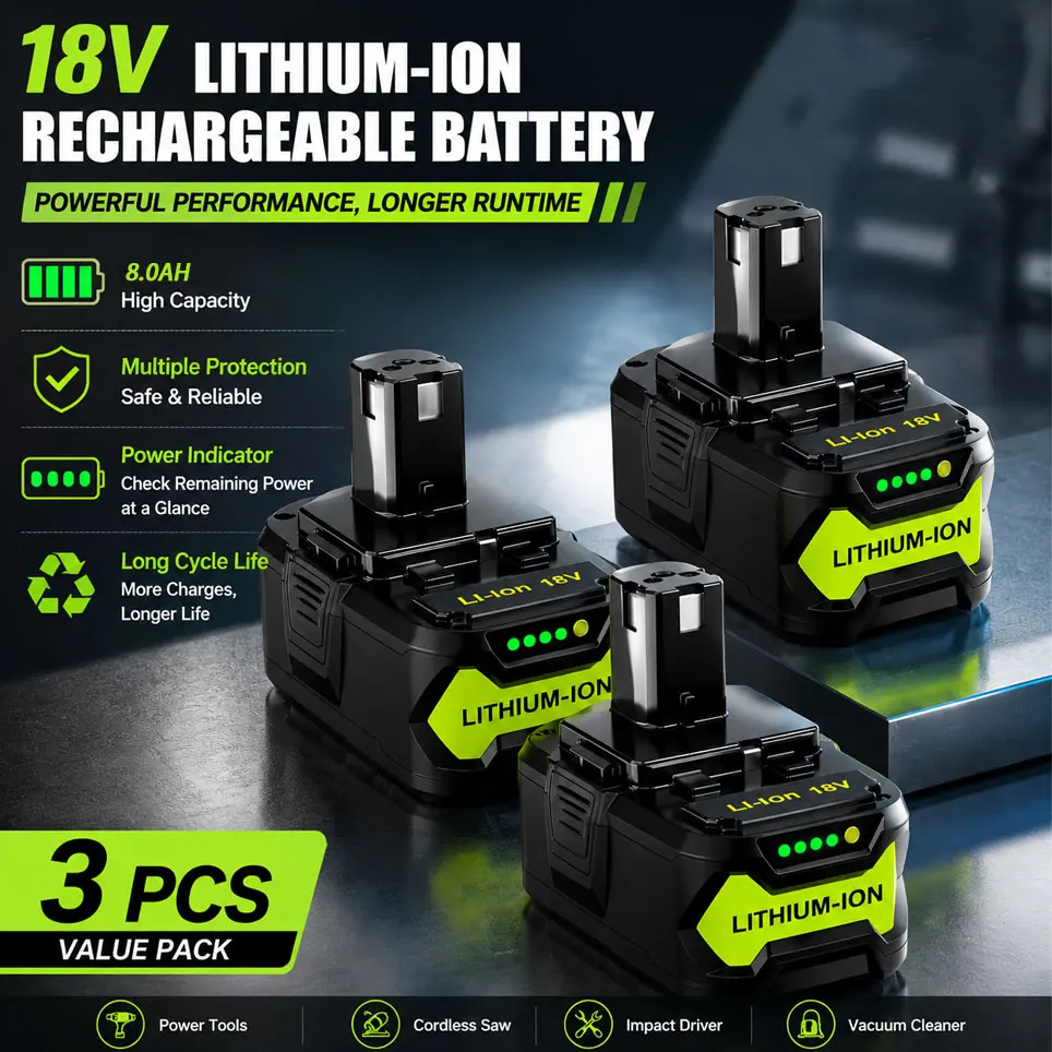 Für Ryobi 18V Akku 8000mAh Li-Ion wiederaufladbar Hot P108 RB18L40 Wiederaufladbarer Akkupack Elektrowerkzeug-Akku für Ryobi