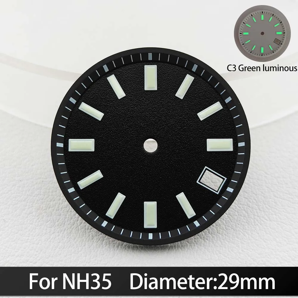 For NH35/NH36 Dials 29mm C3 Green luminous Calendar Window Concave Dial NH35 Automatic Movement Watch Replacement Parts