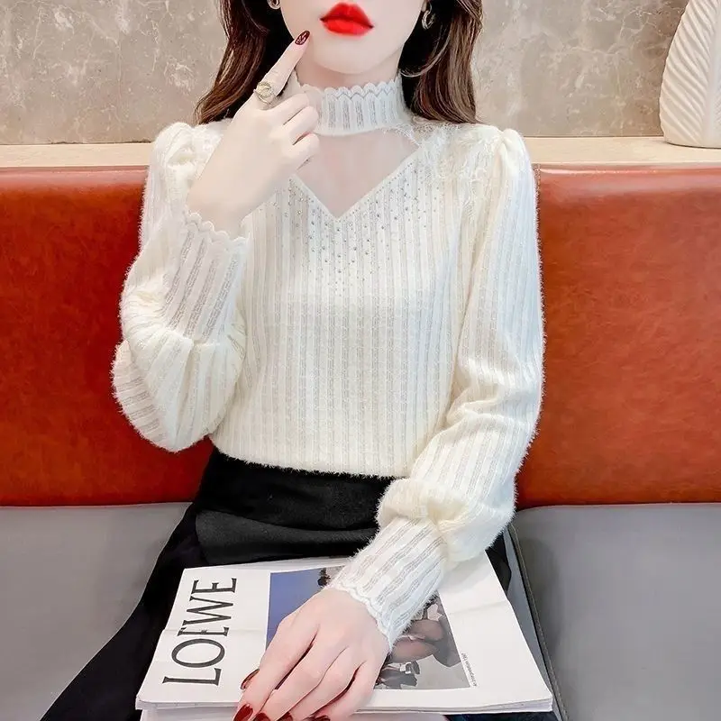 Half Turtleneck Brushed Lace Bottoming Shirt Women\'s Fashion Retro Top Autumn and Winter New Style Foreign Style Noble Pullover