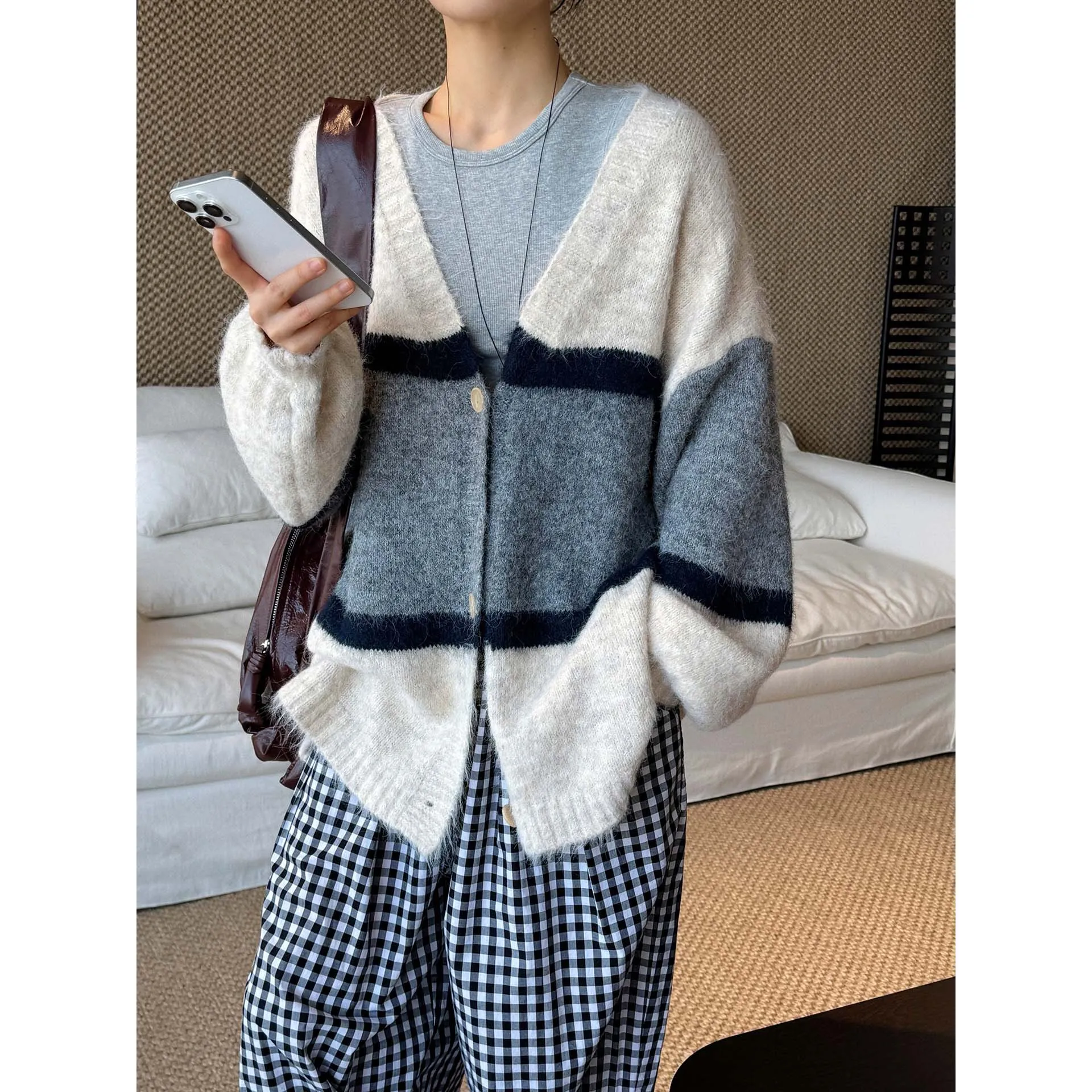 Women V-Neck Knitted Sweater Single Button Design Long Sleeve Christmas Thick Cardigans Clothes Tops For Women Sweater