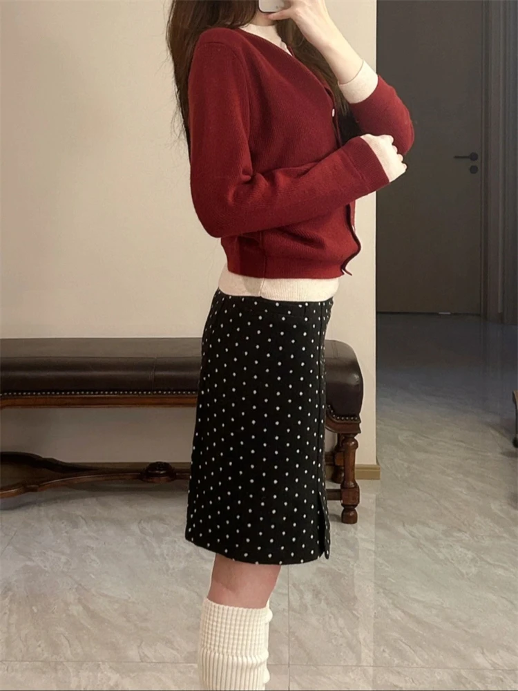 Retro polka dot cintura alta a linha saia feminina outono novo sle emagrecimento mistura de lã envoltório em torno da saia midi