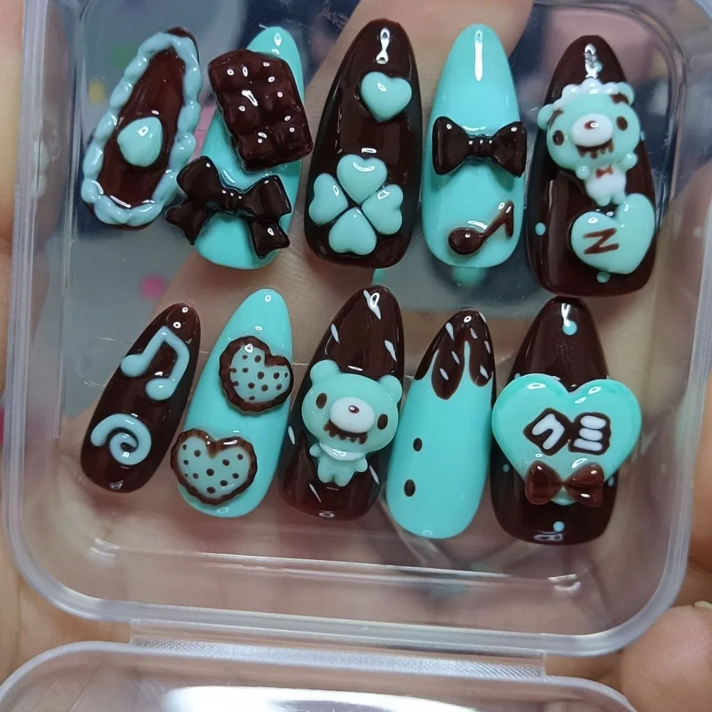 Y2K Japanese Kawaii 3D Pig Rabbit Cat Handmade Press On Nails Wings Wave Point Pearl Bowknot Wearable Fake Nails Gifts