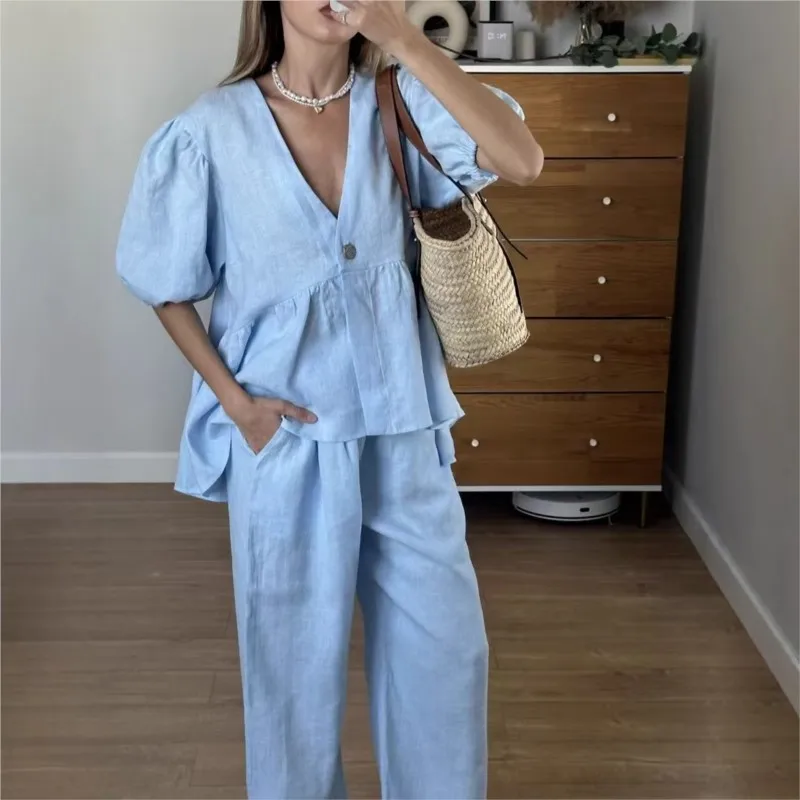 

Fashion 2 Piece Set Women Chic Puff Sleeve Ruffle Elegant Outfit Cotton Linen Single Button Shirt + Loose Wide-leg Pants Sets