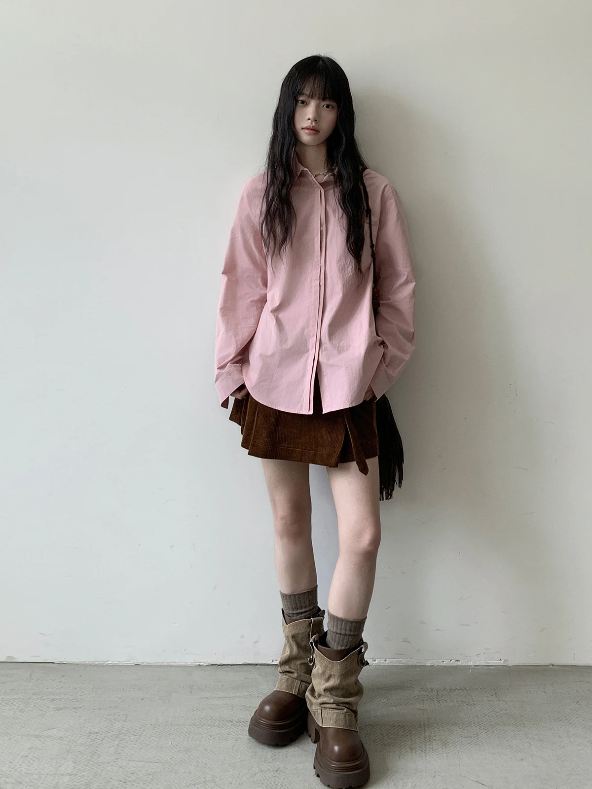 

Dirl Pink Long Sve irt Женская верхняя одежда в стиле ретро Faion Хлопок Удобный дышащий воротник на пуговицах Повседневная одежда