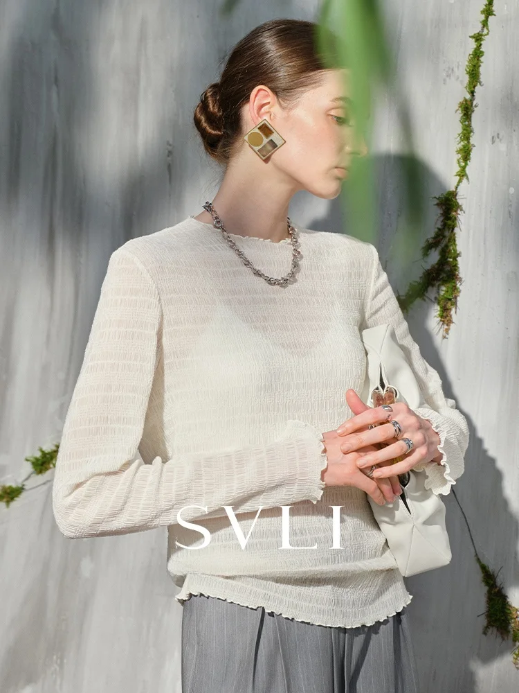 

Женская повседневная юбка из сетки с цветным принтом SVLI Cloud Texture Long Sleeve U-Neck High Elastic Slim Fit T-shirt