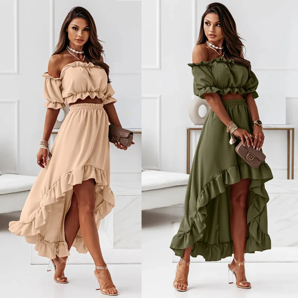 

Women Autumn New Style Off-Shoulder Ruffle Top & Long Skirt Set Casual Irregular Short Sleeve Two-Piece Set