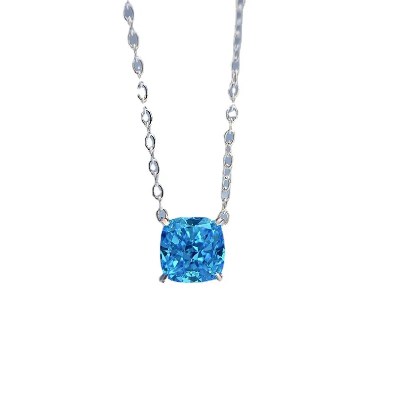 European and American minimalist 2ct pillow shaped 7 * 7 ice cut high carbon diamond pendant sterling silver necklace 40+5cm