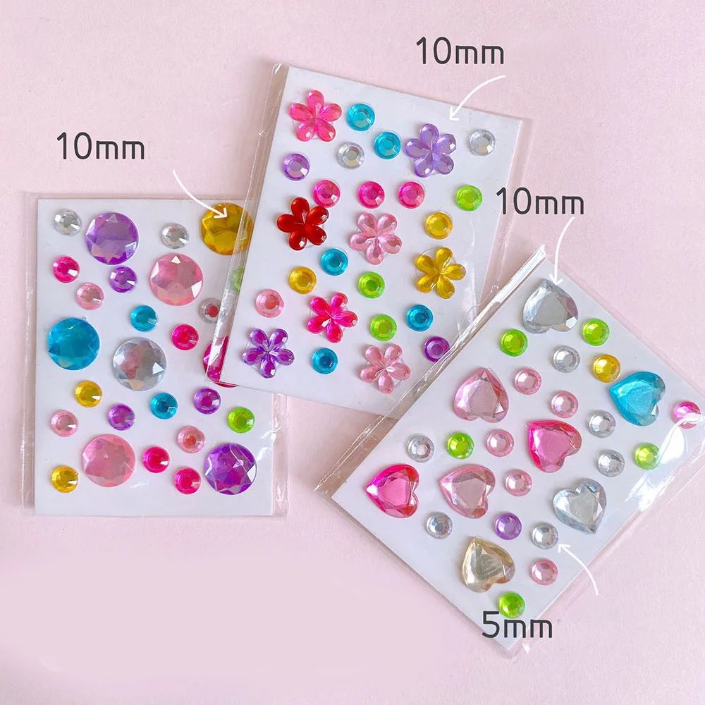 3D Gem Stickers Self Adhesive Rhinestone Heart/Flower/Round Stick On Diamantes for Kids Girls DIY Craft Creative Decoration