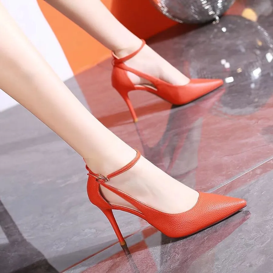 Women High Heel Shoes Sexy Thin Heels Pumps for Women Orange Patent Leather Pointed Toe Party Shoes Woman Slip-On Stiletto