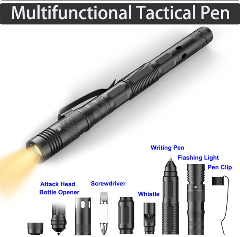 Stylo Tactique Militaire EDC avec Lampe de Poche LED Briseur de Vitre Défense Personnelle Stylo de Survie Outil Multifonction Sifflet d'Urgence