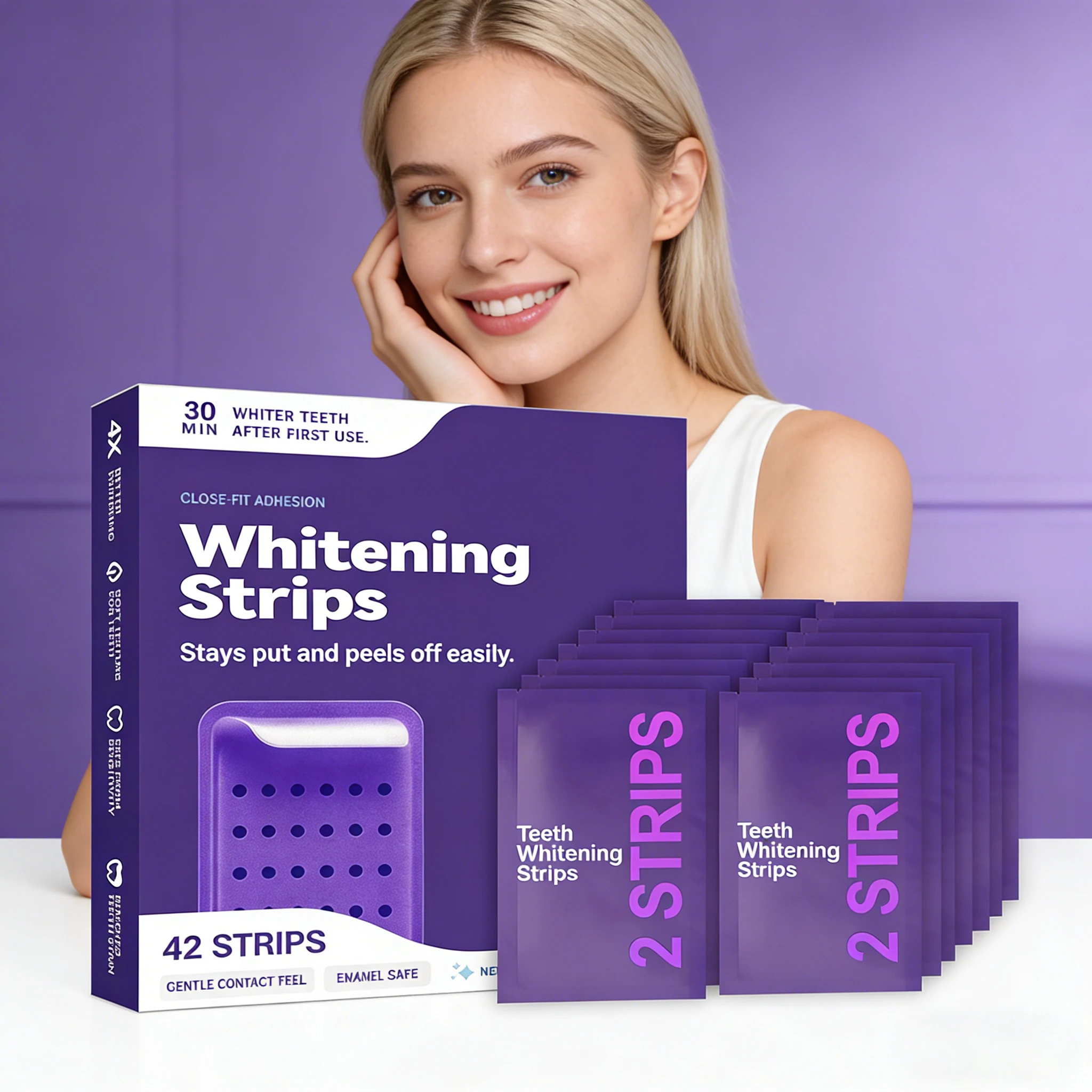 

21 шт. фиолетовых отбеливающих полосок для удаления желтого налета, для идеальной улыбки и свежего дыхания, без пероксида, для отбеливания зубов