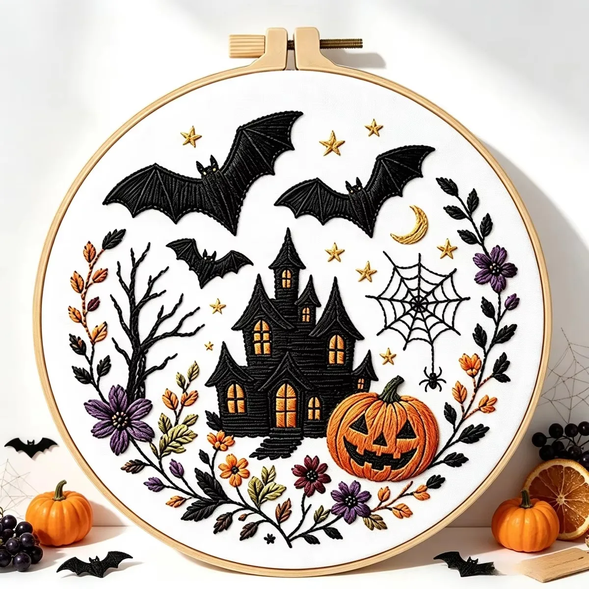 Halloween Handmade Embroidery DIY Material Pack Skull Pumpkin Embroidery Kit, Thread, Printed Cloth,Pattern Kit for DIY Gifts